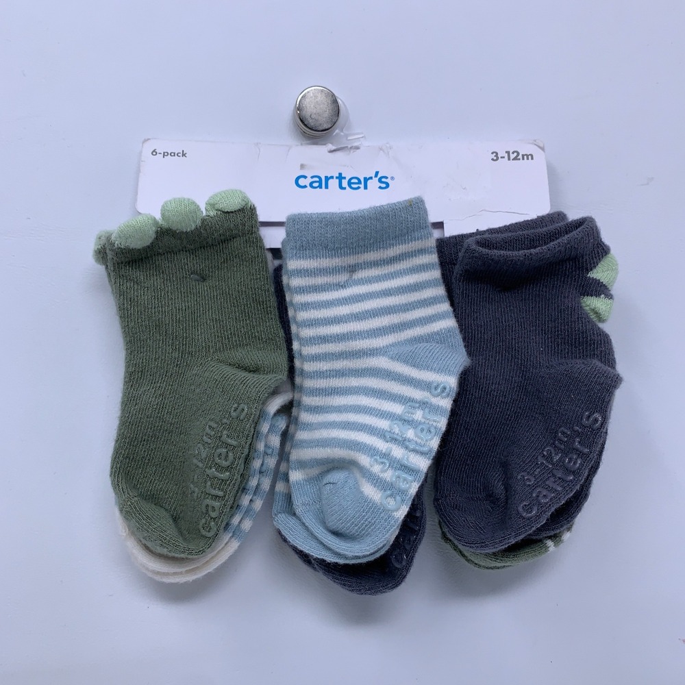 Carter's Baby 3-12m Blue Green Dinosaur Stripe 6-Pack Ankle Socks NWT